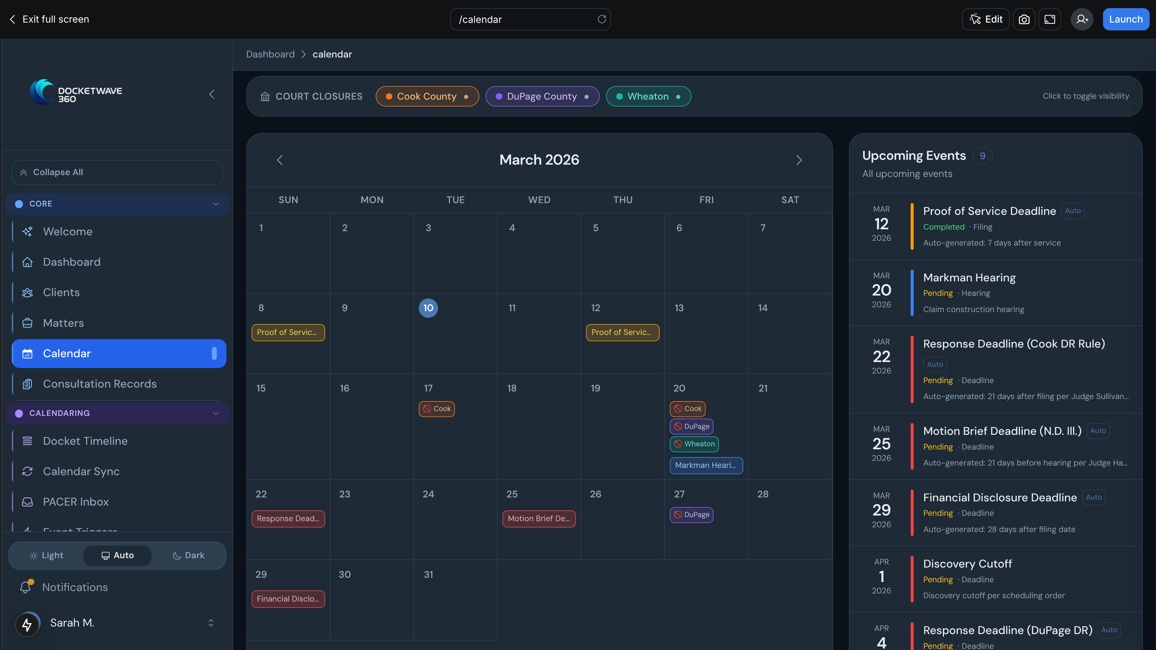 DocketWave 360 court calendar application view