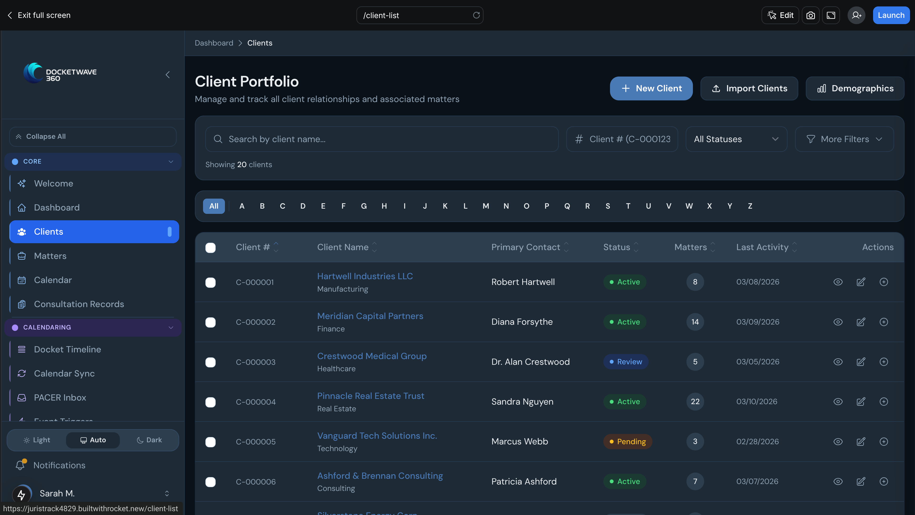 DocketWave 360 client portfolio application view