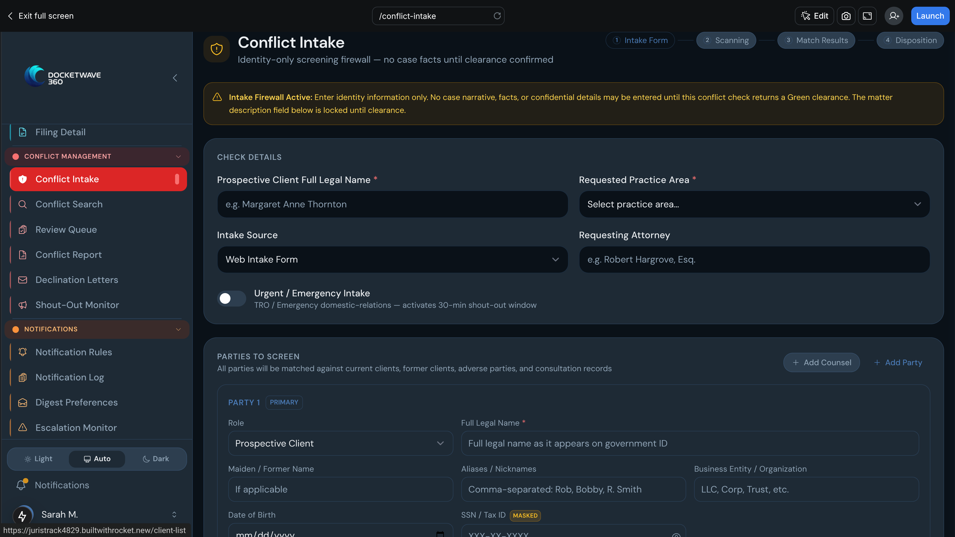 DocketWave 360 conflict intake application view