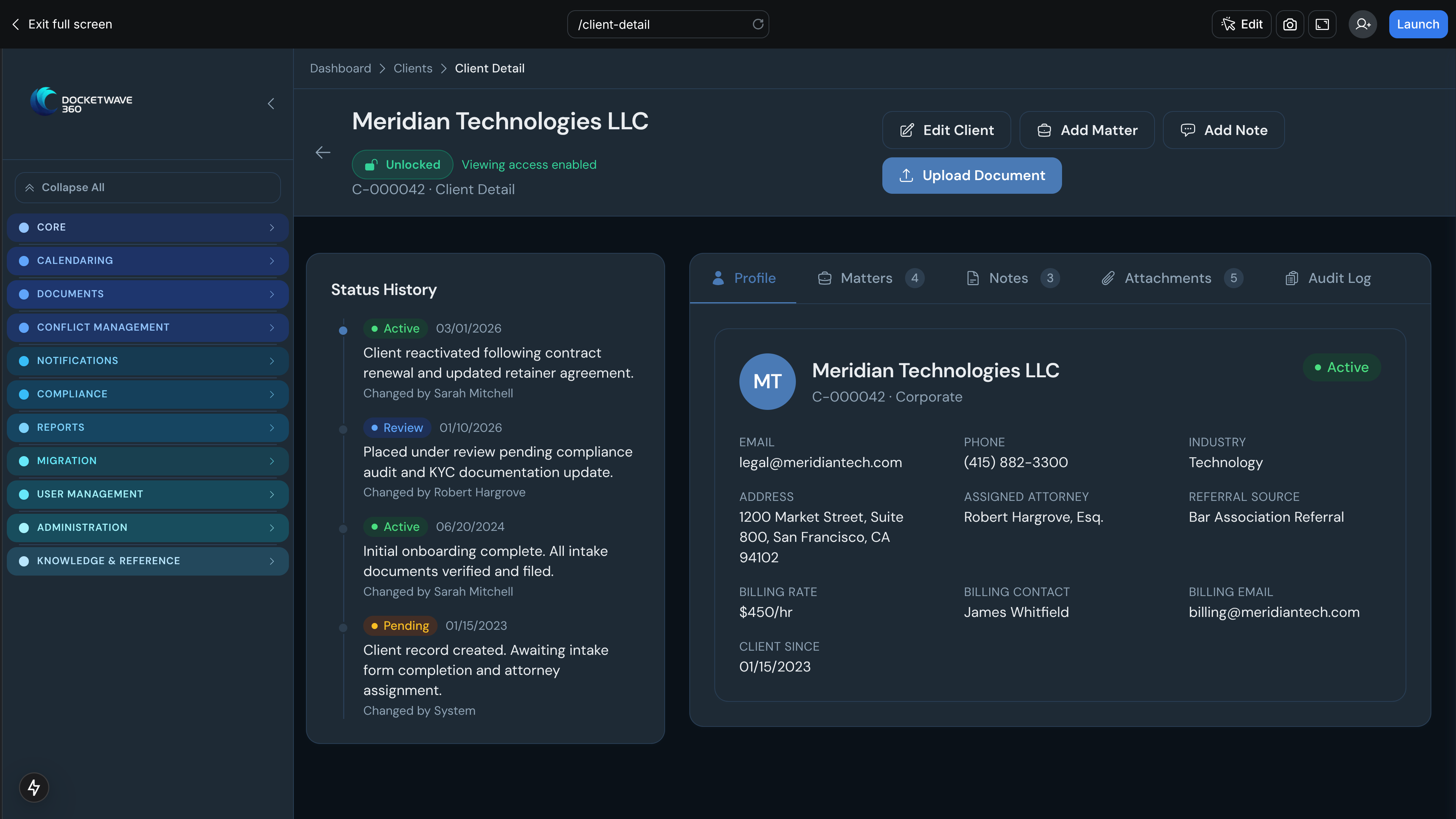 DocketWave 360 client detail application view