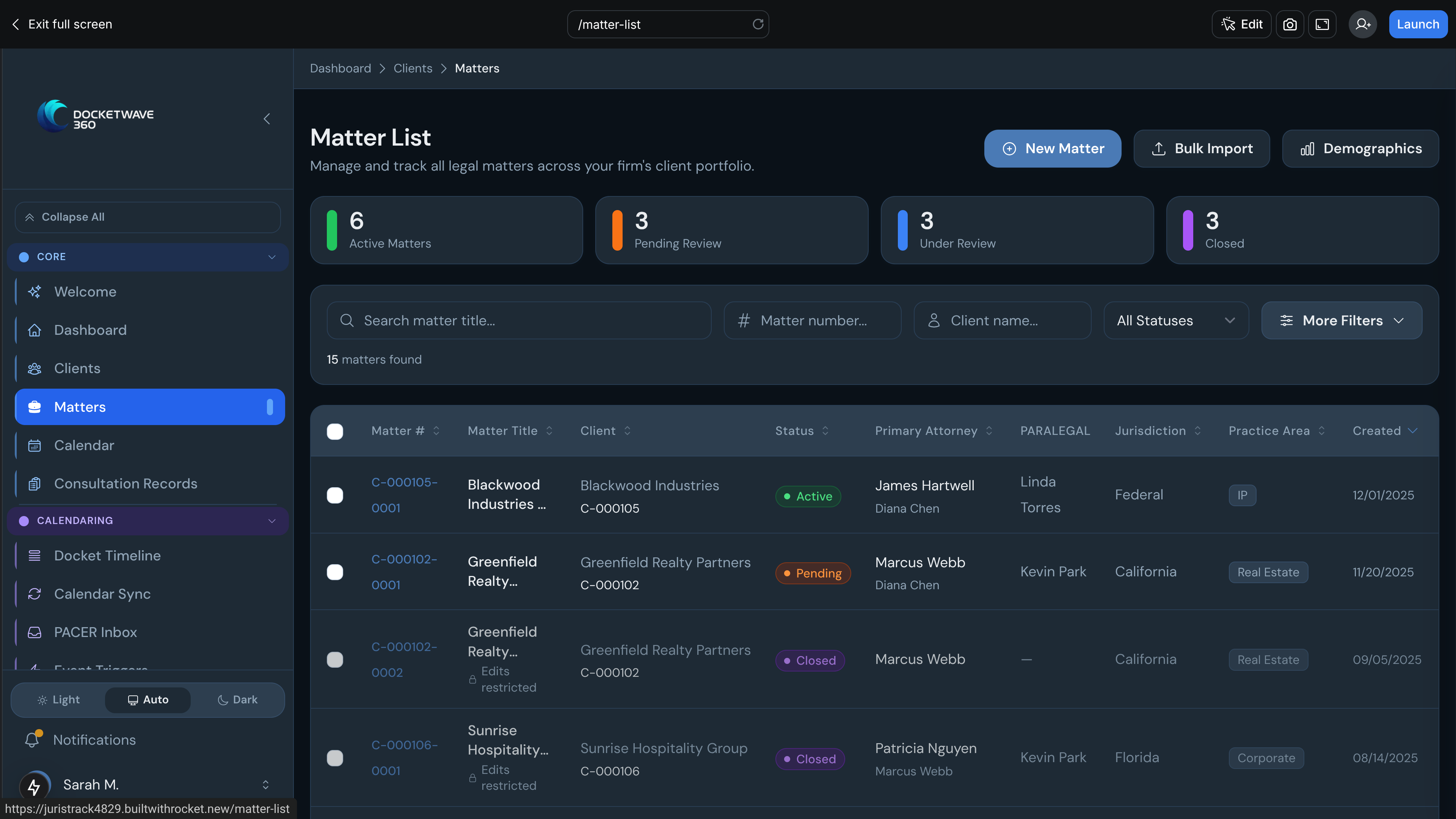DocketWave 360 matter list application view
