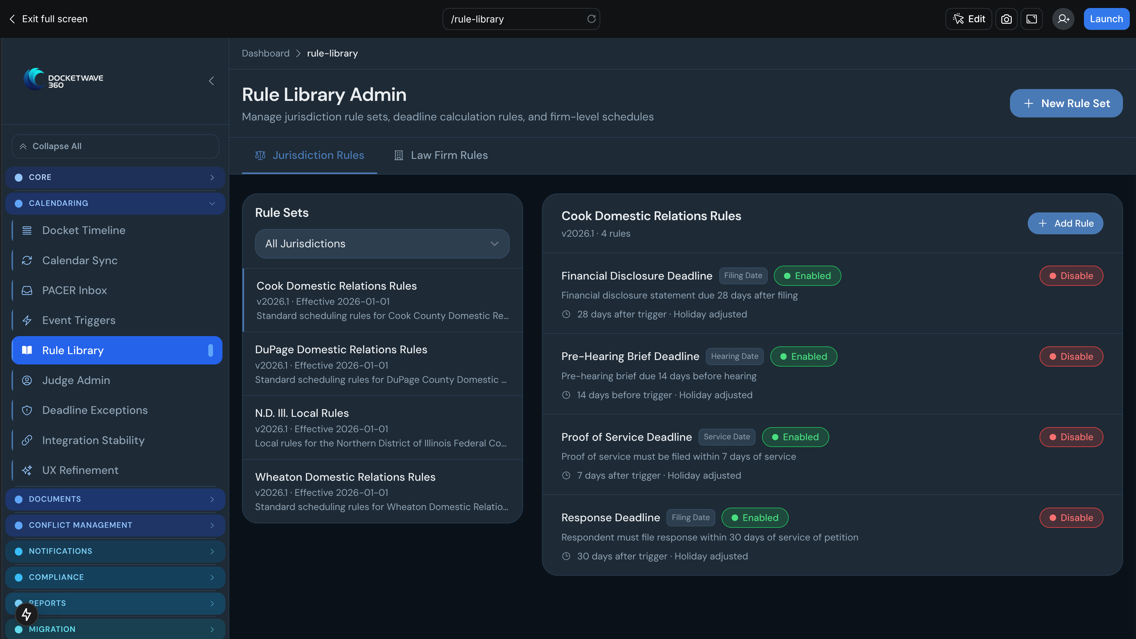 DocketWave 360 rule library administration view